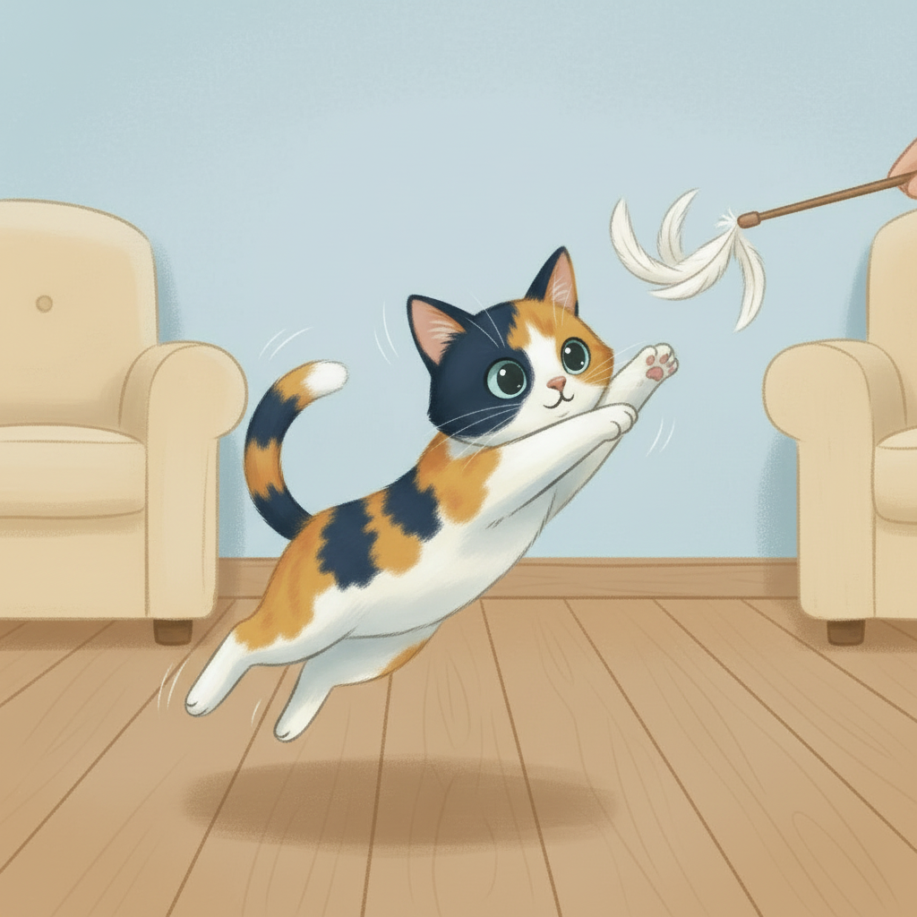 Illustration of a cat playing with a feather toy